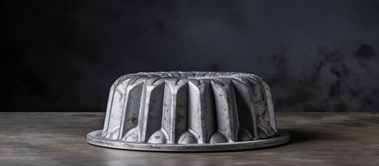 A vintage metal cake mold is showcased on a concrete backdrop revealing its inner side The image provides ample copy space for text