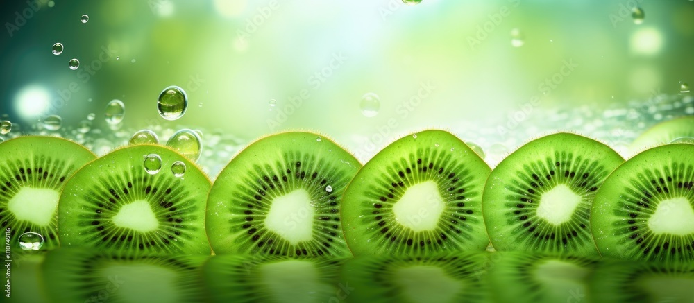 Poster crisp refreshing bubbles surround a beautiful image of sliced kiwi fruit creating an enticing copy s