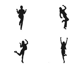 Happy business woman dancing silhouette. Flat vector illustrations. Happy people silhouette set. woman rising Hands up. Dancing persons. Party, success, celebration. isolated on white background.