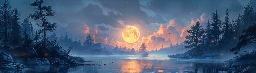 a serene and mystical landscape featuring the moon in the night sky
