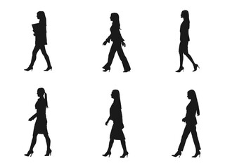 Young Business Woman Walking silhouette. Set of different People Standing and walking. Vector silhouettes of men and a women, a group of standing business people,  isolated on white background.