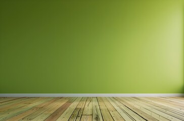 Photo of a plain lime green wall with a light wooden floor, minimalist style, product mockup, copy space for text, blank green wall, picture frame