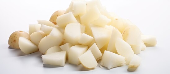 A copy space image of white isolated raw peeled potatoes