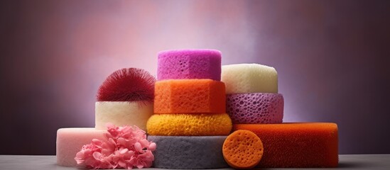 A vibrant assortment of cleaning sponges arranged neatly on a textured peony colored backdrop offering ample space for customized text or images