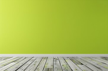 Photo of a plain lime green wall with a light wooden floor, minimalist style, product mockup, copy space for text, blank green wall, picture frame