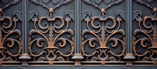 A decorative metal gate with intricate wrought iron elements providing ample copy space in the image