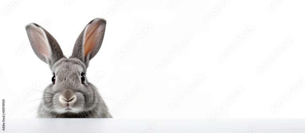 Poster A grey rabbit is seen against a white backdrop in this copy space image