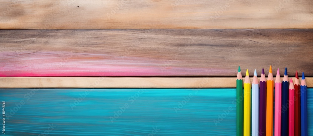 Leinwandbilder old wooden table with blank paper and colorful pencils ready for creative use in a copy space image