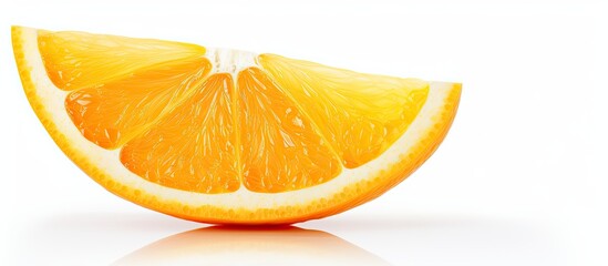 A vibrant orange slice placed on a clean white background with plenty of space around it for other images or text. Creative banner. Copyspace image