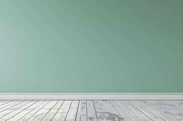 A photo of an empty light green wall with a white wooden floor, mockup product, picture frame, copy space for text