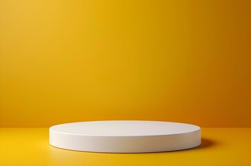 White empty podium pedestal for product presentation on yellow background, mock up template of a round stage platform in a flat lay composition, cinematic photography 
