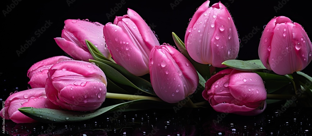 Poster an isolated copy space image of wet tulips in a dark pink hue set against a black background