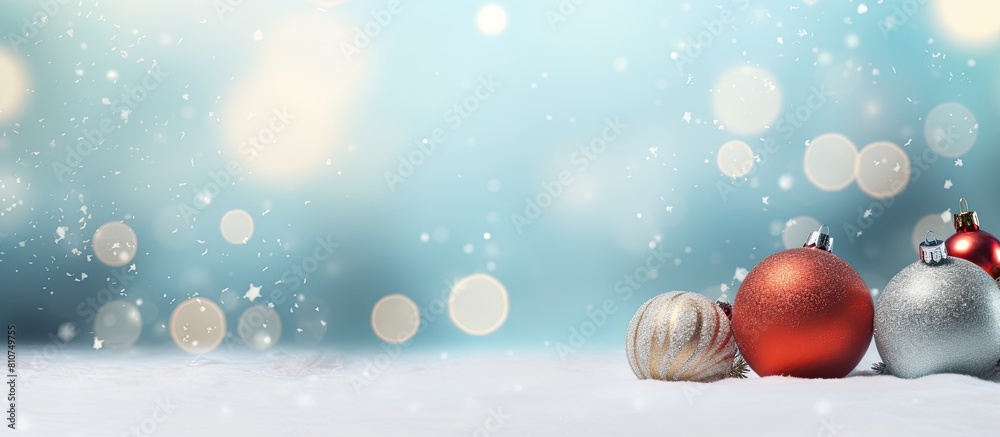 Poster This copy space image features a festive Christmas background with snow beautiful Christmas balls and a blurred backdrop