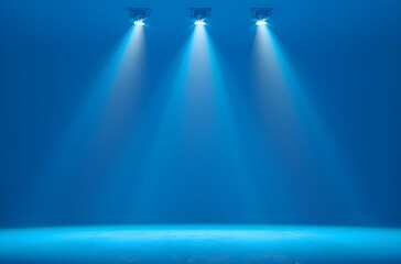 A blank blue background with ceiling spotlights on top, copy space for text, showcasing products or featuring creative designs, creative highlight background