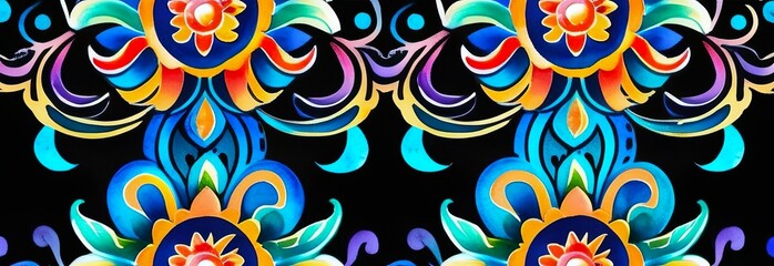 vibrant colorful symmetrical pattern with floral elements, swirl designs against dark background. concepts: background for website or digital content, print materials, art exhibitions, textile design