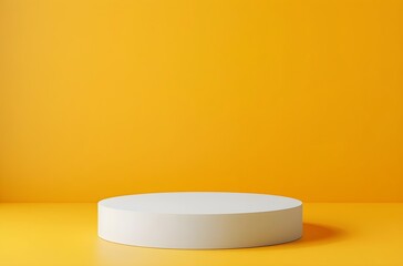 White empty podium pedestal for product presentation on yellow background, mock up template of a round stage platform in a flat lay composition, cinematic photography 