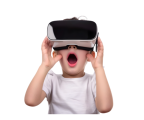 A boy wearing VR goggle glasses technology isolated on white transparent background, PNG File. Perfect for clipart