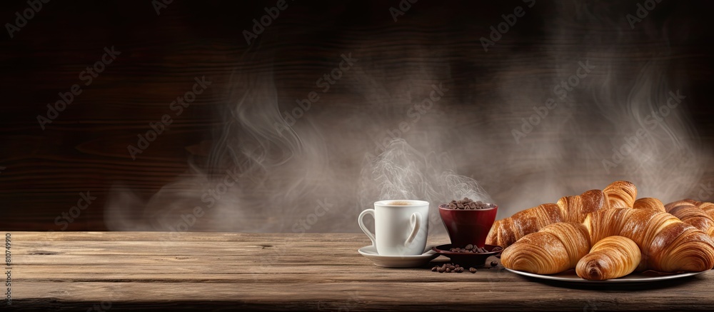 Aufkleber A copy space image featuring a rustic wooden table adorned with a delectable array of freshly baked croissants and steaming hot coffee 135 characters