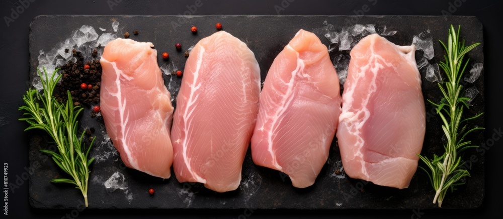 Aufkleber a view from the top of raw sliced chicken breast fillet steaks on a marble board with a black backgr