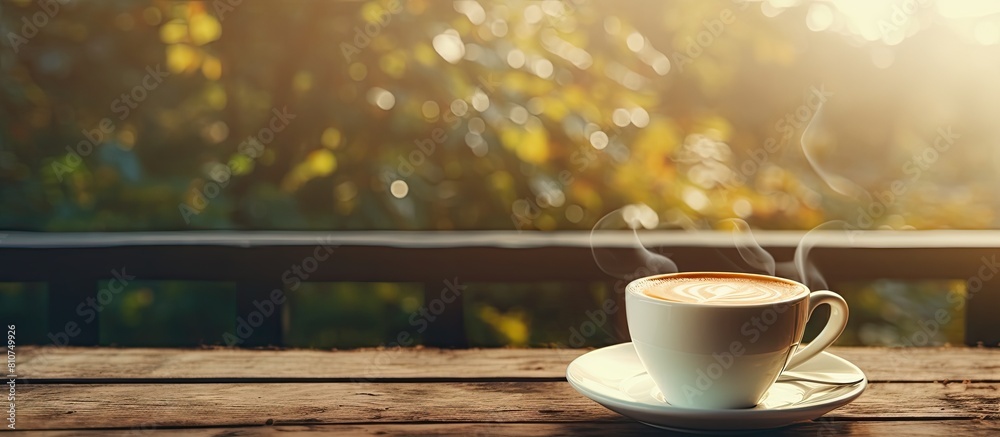 Poster an outdoor coffee scene with a white cup of coffee placed on a wooden table creating a cozy and rust