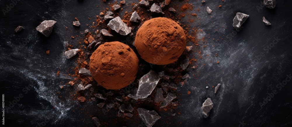 Poster a top view of a chocolate truffle candy on a dark stone background adorned with cacao powder chocola