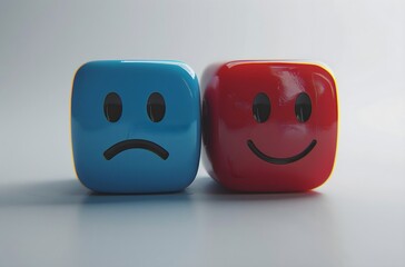 Dice with 2 faces, sad face and happy face, emotions illustration, emoji symbol, feelings expressions, mental health illustration