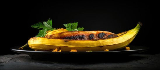 A ripe plantain steamed and presented on a medium sized dark grey plate capturing a copy space image against a white backdrop