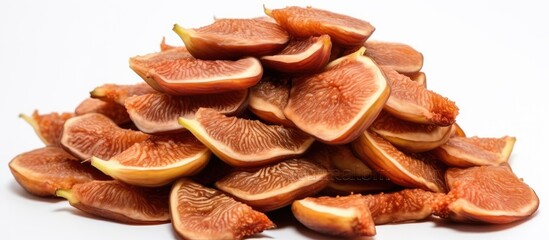 A close up of figs a type of dried fruit displayed alone on a white background The image provides...