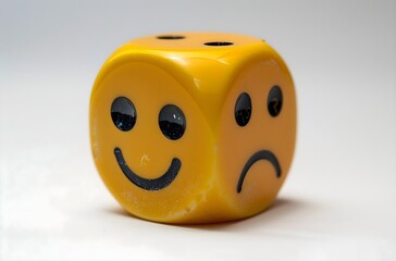 Dice with 2 faces, sad face and happy face, emotions illustration, emoji symbol, feelings expressions, mental health illustration