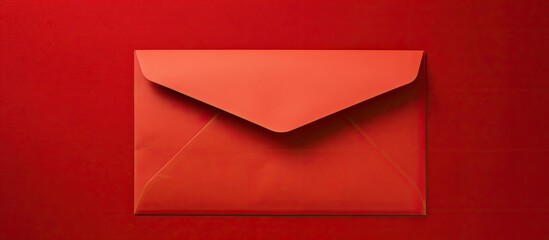 Red background with a composition of a paper envelope The image is a flat lay mockup on a tabletop with space for text. Creative banner. Copyspace image