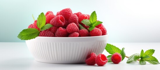 A closeup copy space image of a bowl containing fresh raspberries and mint leaves placed on a light background