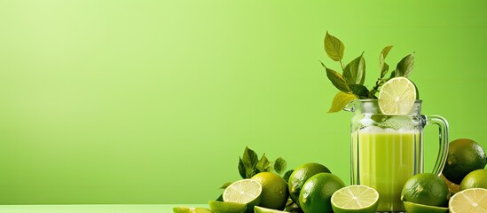 A vibrant background showcases a copy space image featuring a collection of fresh lime a shaker a juicer and mint leaves