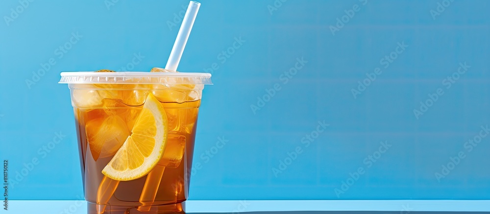 Poster a close up shot of a refreshing ice lemon tea in a clear plastic cup complemented by a pastel yellow