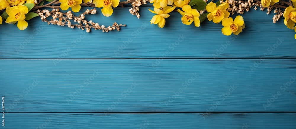 Poster a flat lay top view copy space image showcasing a frame of yellow flowers arranged on a blue wooden 