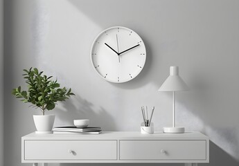 Minimalist work office corner, white interiors, clock on the wall