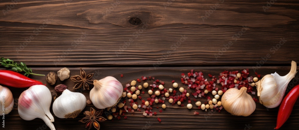 Aufkleber top view of garlic shallots and dried chili on a wooden background this copy space image portrays a 