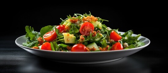 A concept of a proper wholesome dinner salad with healthy nutritious restaurant food Copy space image
