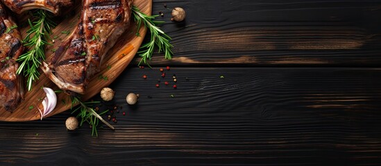 A top view of a rack of grilled lamb ribs presented on a white wooden board with copy space available in the image