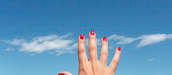 Naklejka premium A woman s hand adorned with red painted nails and a black ring on the pinky finger reaches out into the vast expanse of a blue sky creating a beautiful copy space image 200 characters