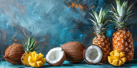 Arrangement of fresh pineapples and halved coconuts, tropical fruit blue backdrop, summer still life