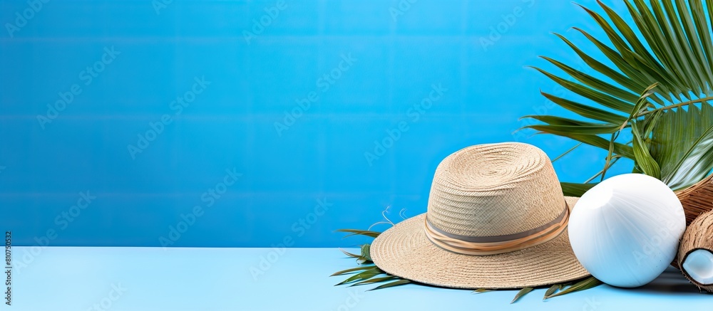 Poster a vibrant summer scene featuring a copy space image with coconuts a beach hat and real tropical leav