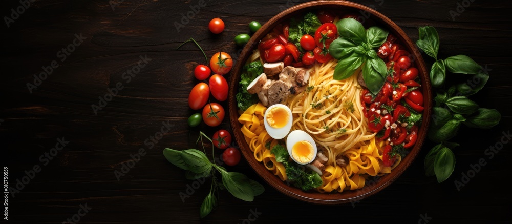 Poster A top down view of a bowl filled with noodles vegetables and eggs placed on a dark background leaving enough space for additional text or images