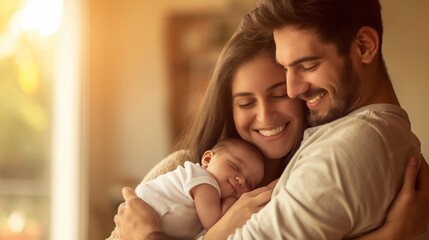 A happy couple hugs their newborn little baby at home, the woman and man became parents. Radiant Arrival: A family Glows with Happiness as They Welcome Their infant into the World.