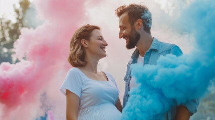 portrait of couple in blue and pink smoke on a baby gender reveal party. baby shower. Future babies are twins, a boy and a girl. happy couple