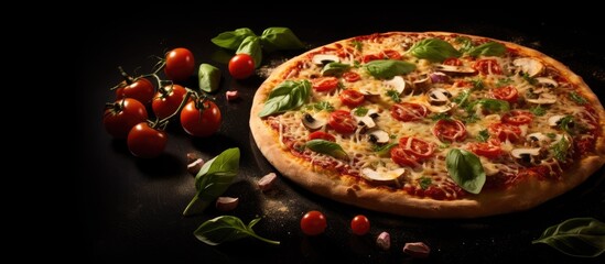 Italian pizza made with fresh organic ingredients including individual portions of uncooked dough basil tomatoes cheese sweet peppers and olive oil The pizza is presented on a dark background with am