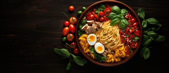 A top down view of a bowl filled with noodles vegetables and eggs placed on a dark background leaving enough space for additional text or images