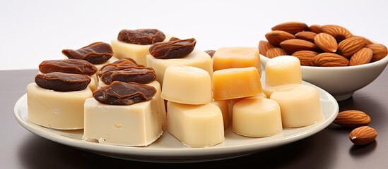 A delicious copy space image of homemade marzipan featuring a delightful blend of almonds raisins and chocolate