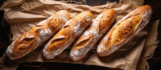 Top view of delicious homemade sourdough baguettes A copy space image showcasing mouth watering freshly baked bread