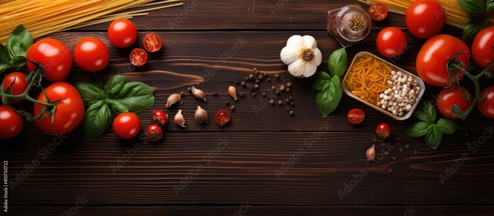Poster top view of a wooden table with all the ingredients needed for making pasta spaghetti fresh cherry t