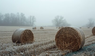 Ohio hay fields in winter with fog and grey skies